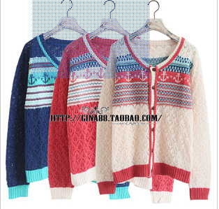 w closet <em>海军</em>风锚图案<em>花样编织</em>棉麻针织衫<em>毛衣</em>