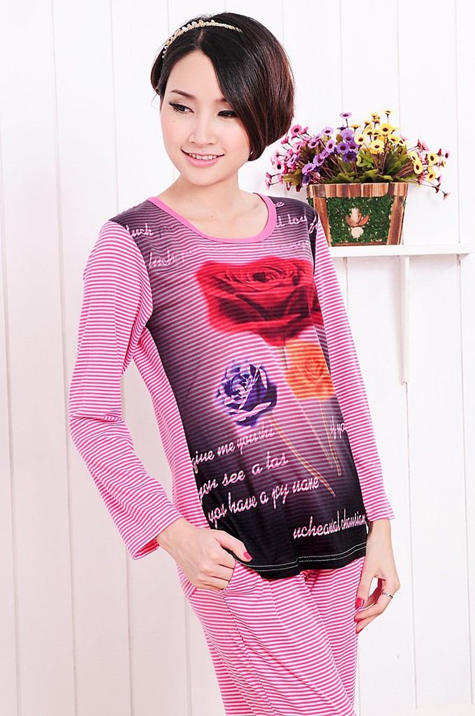 新款<em>秋冬</em>条纹玫瑰花针织纯棉<em>睡衣套装女款</em>长袖