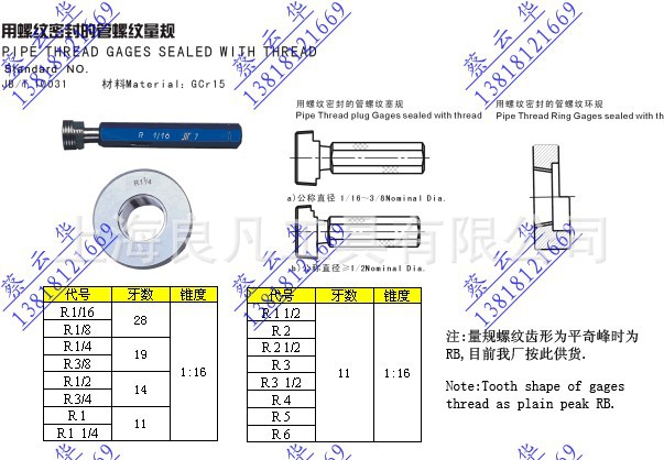 55°英制密封圆锥管螺纹塞规/牙规/栓规/通止规/量规 代号为rc