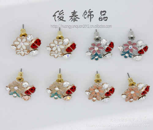 韩流饰品批发 <em>七星瓢虫</em>花<em>姑娘</em> 滴油 镶钻耳钉 J