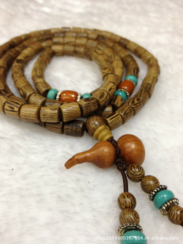 批发6mm桶形鸡翅木佛珠 配天然桃木小葫芦 佛