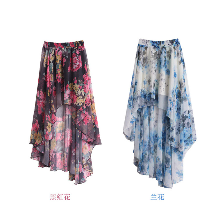 韩版夏装新品不规则前短后长大摆半身裙 碎花