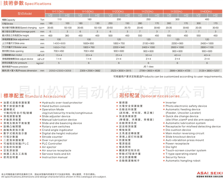 闭式双曲轴龙门冲床 TP-RO系列高精密冲床 110T~600T
