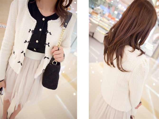 冬女上装新款欧美小香风珍珠蝴蝶结<em>毛尼开衫</em>外