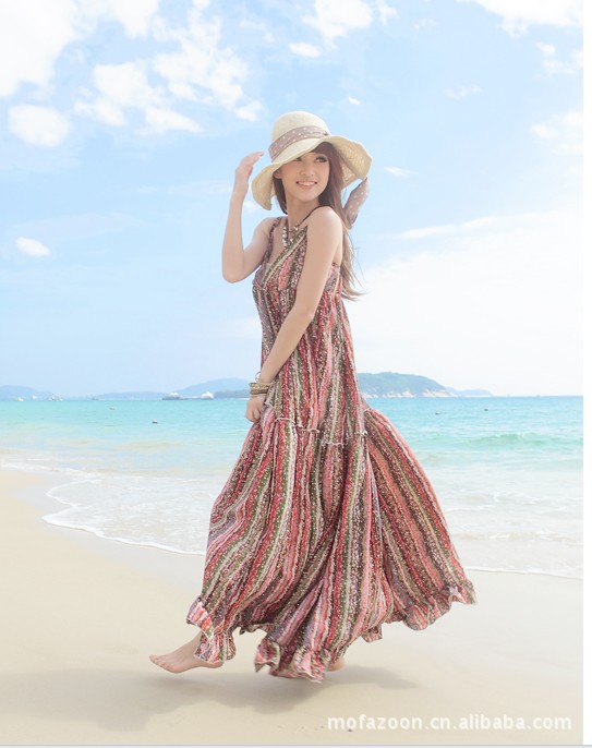 最新款!36Z56#彩虹 波西米亚 沙滩裙 长裙 连衣