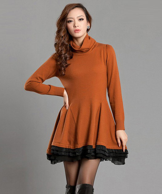 秋冬新款<em>毛</em>衣裙 韩版<em>中长款高领针织</em>衫 <em>毛衣</em>修