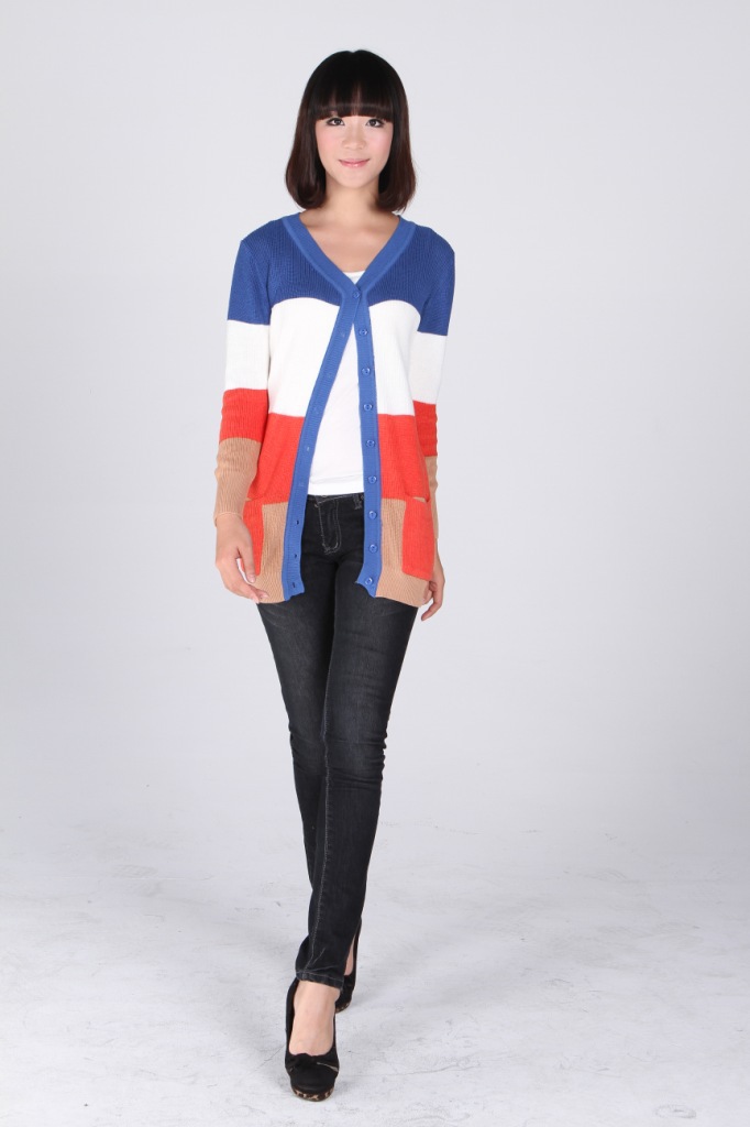 【<em>开衫</em>/女装<em>针织开衫</em>/间色<em>横条</em>/中<em>长款</em>/毛衣厂批