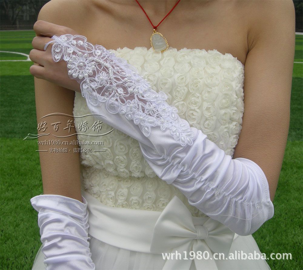 婚纱/礼服手套 新娘手套 蕾丝花边订珠手套 无指手套sx24