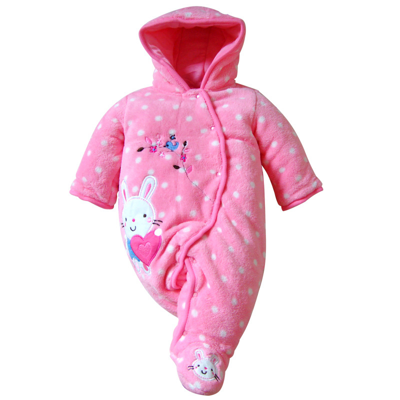 宝宝棉袄 婴儿服装 包脚夹棉哈衣 连体衣 粉色兔