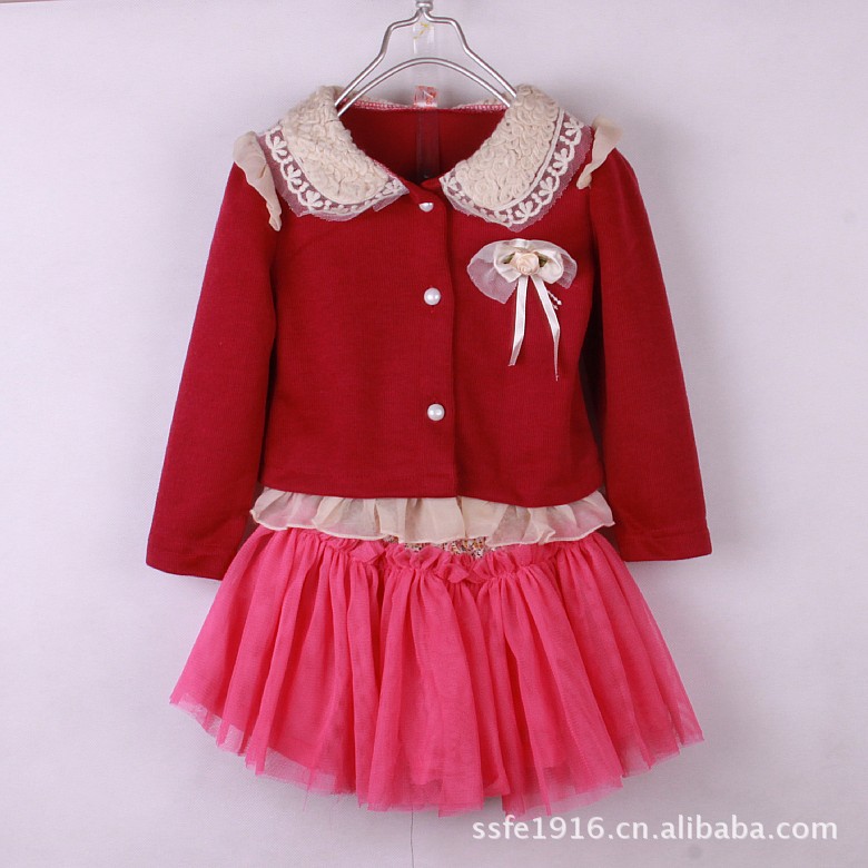 新款春装女童套裙 毛线领子<em>开衫上衣</em>+碎花小纱