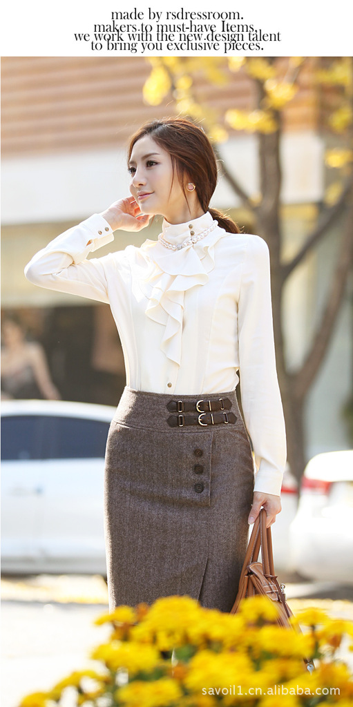 2012最新款 <em>女职业装</em> <em>上衣</em> 韩版荷叶边长袖衬衣