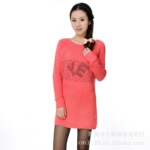 时尚韩版圆领长袖长款女式针织衫毛衣 纯色淑女带钻库存整单毛衣