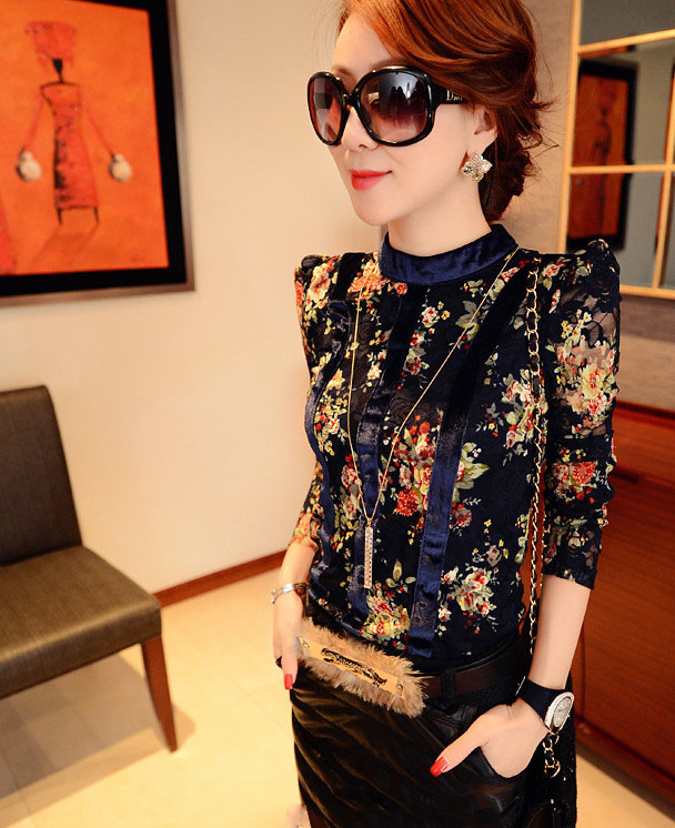 2013<em>春秋</em>新款<em>女装</em> <em>长袖</em>大码蕾丝打底衫 雪纺衫
