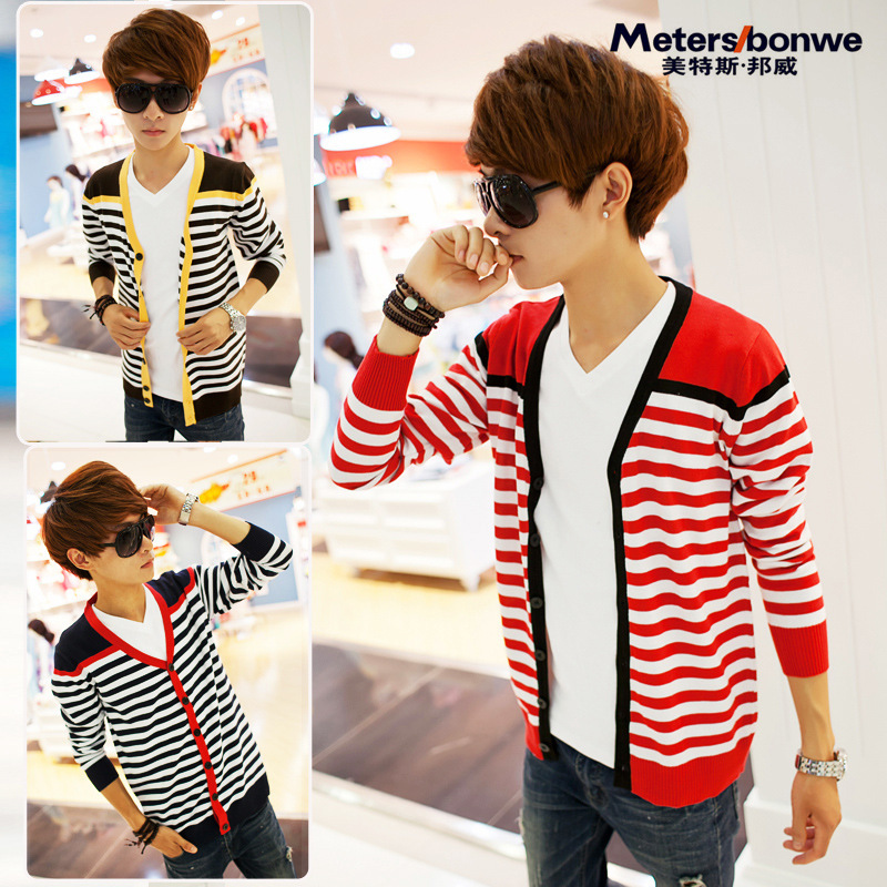 EavEleven韩版休闲<em>男士条纹开衫</em>毛衣 <em>针织</em>衫男