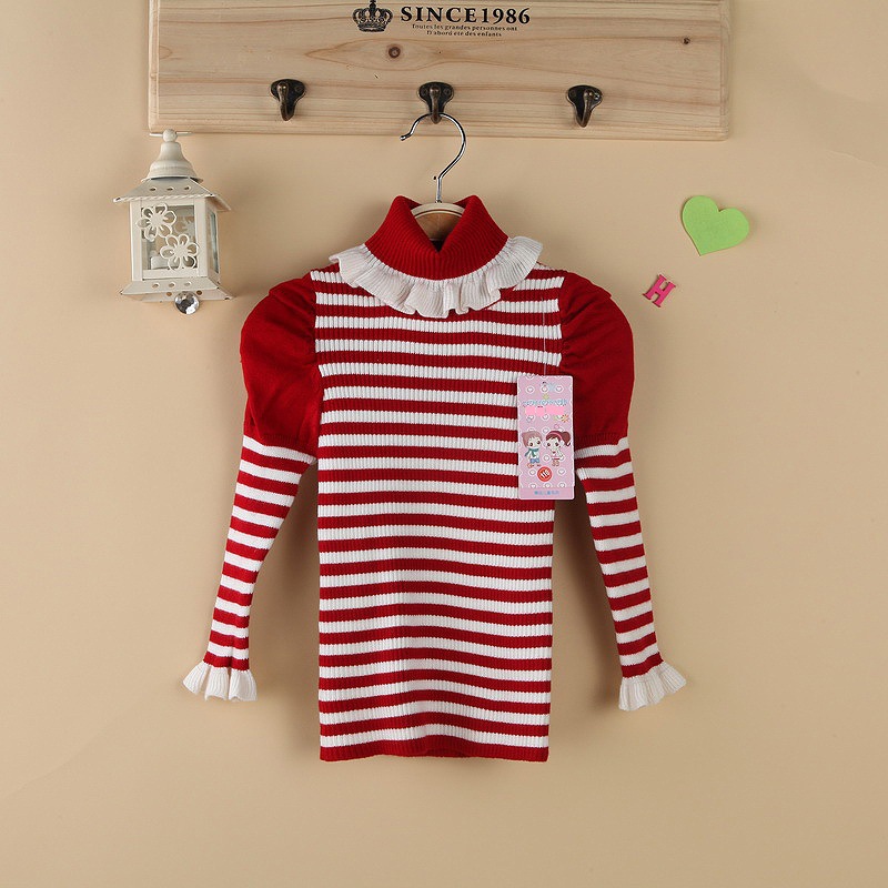 【童装~韩版<em>女童</em>羊绒<em>条纹高领</em>针织打底衫~中