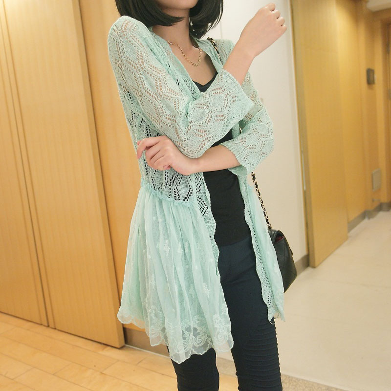 L51夏季<em>韩版</em>女式<em>开衫</em>中长款外搭<em>超薄</em>蕾丝<em>开衫</em>