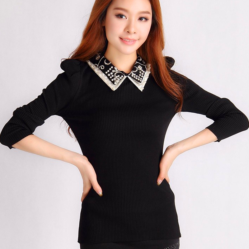 秋季女装新款<em>毛衣</em>刺绣翻领<em>修身</em>韩版<em>中长款打底</em>