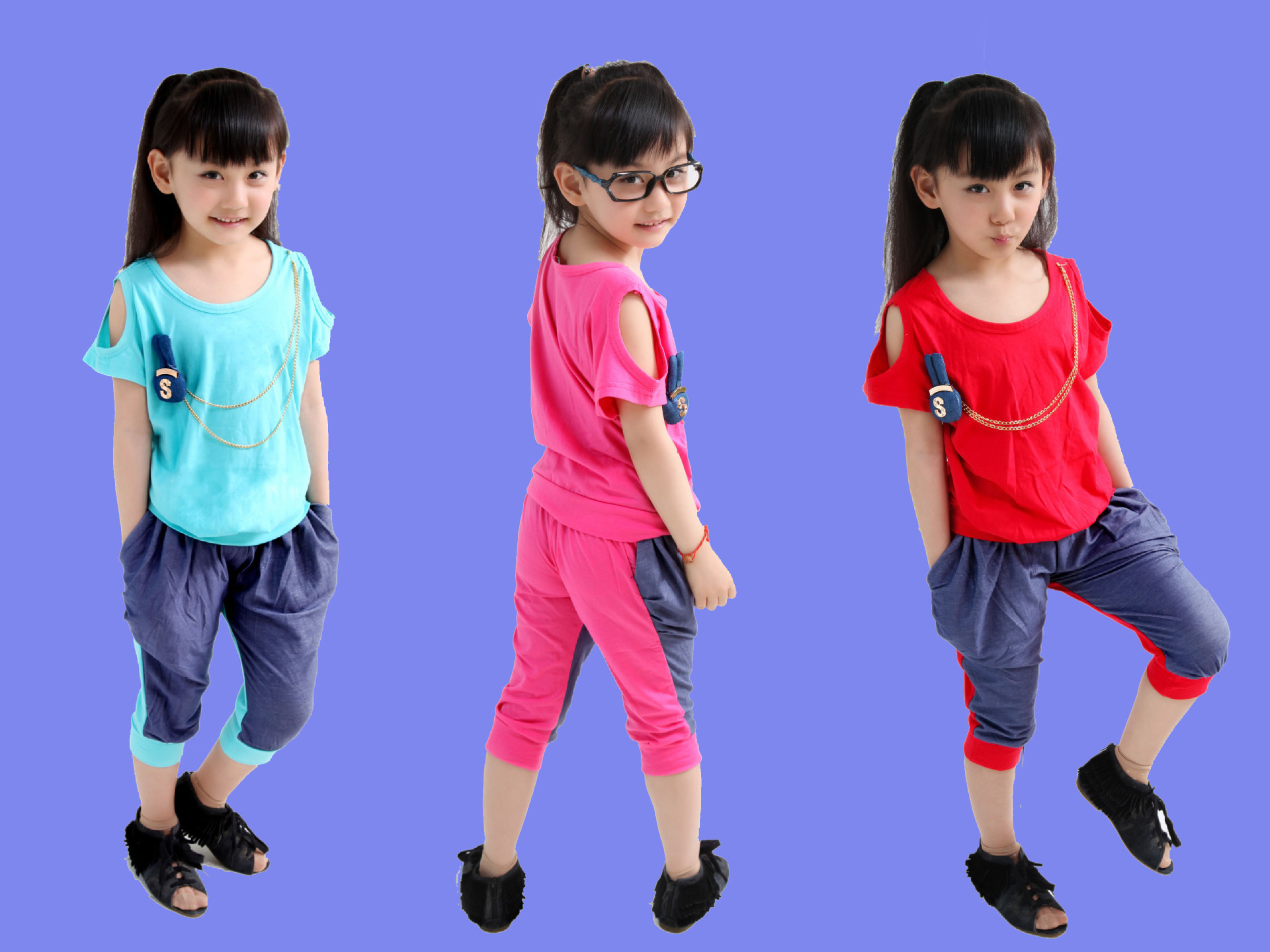 2013<em>童装女装韩版</em> 拼接休闲兔头套装夏季 童装