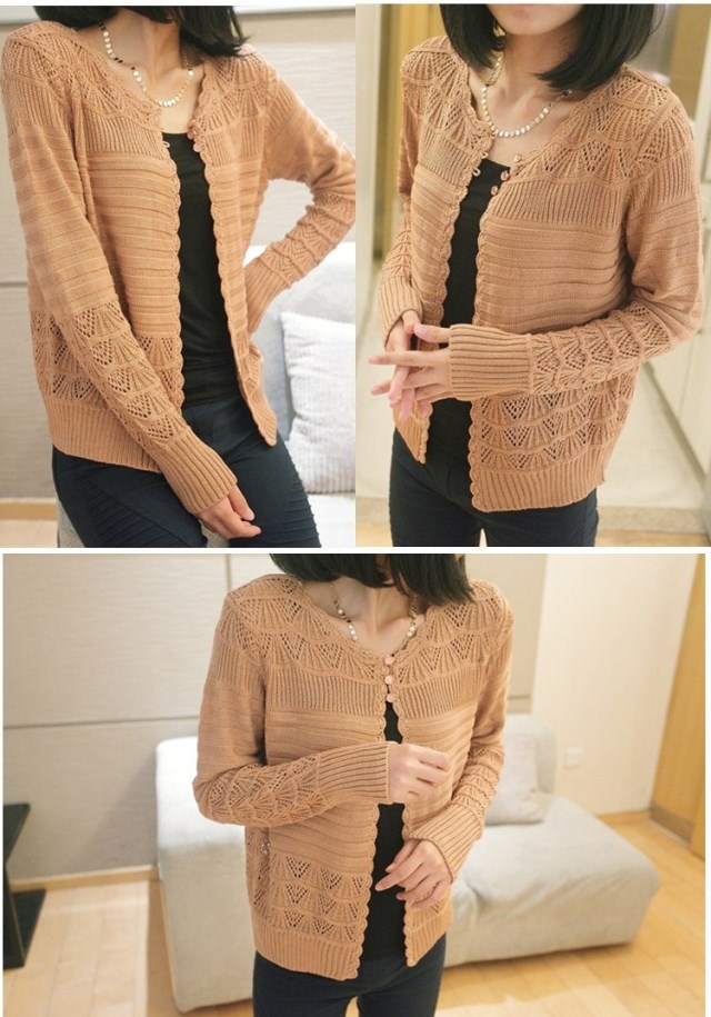 春款韩版女装 圆领<em>长袖</em>镂空<em>优雅</em>毛衣<em>外套</em> 针织