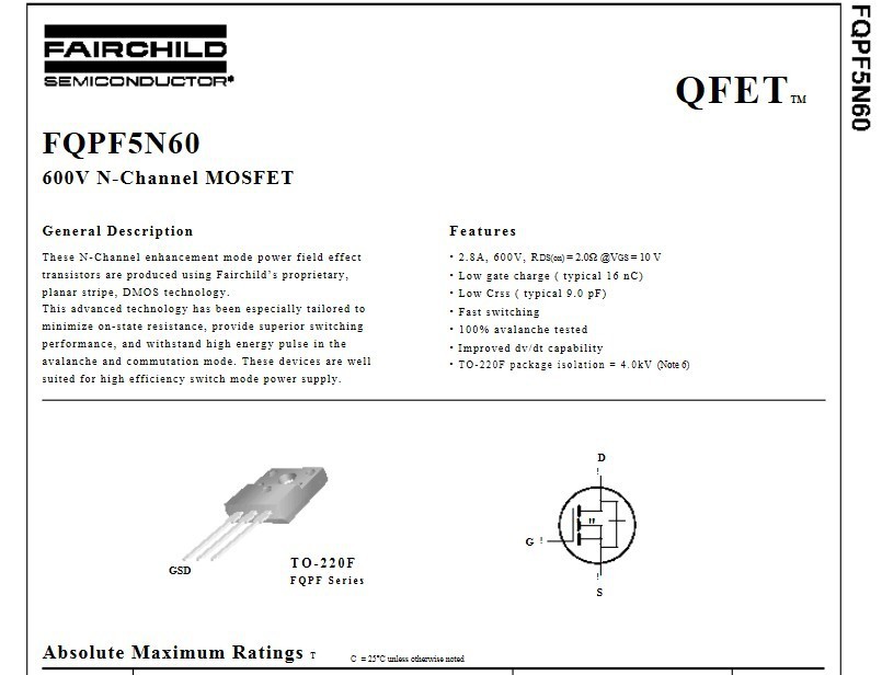 场效应管-全新原装 FQPF5N60C TO-220F 场效