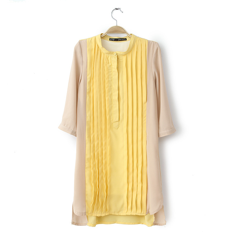 X2013秋季新款 <em>欧美潮牌女装</em>拼色百褶 中袖立