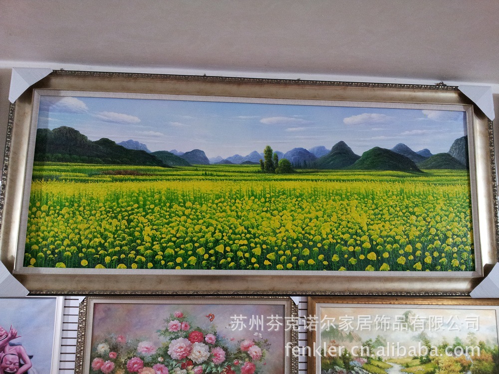 【新品实拍】纯手绘油画客厅装饰画别墅挂画精绘原野油菜花风景