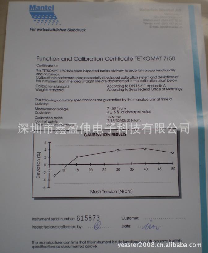 瑞士原裝張力計一校證書