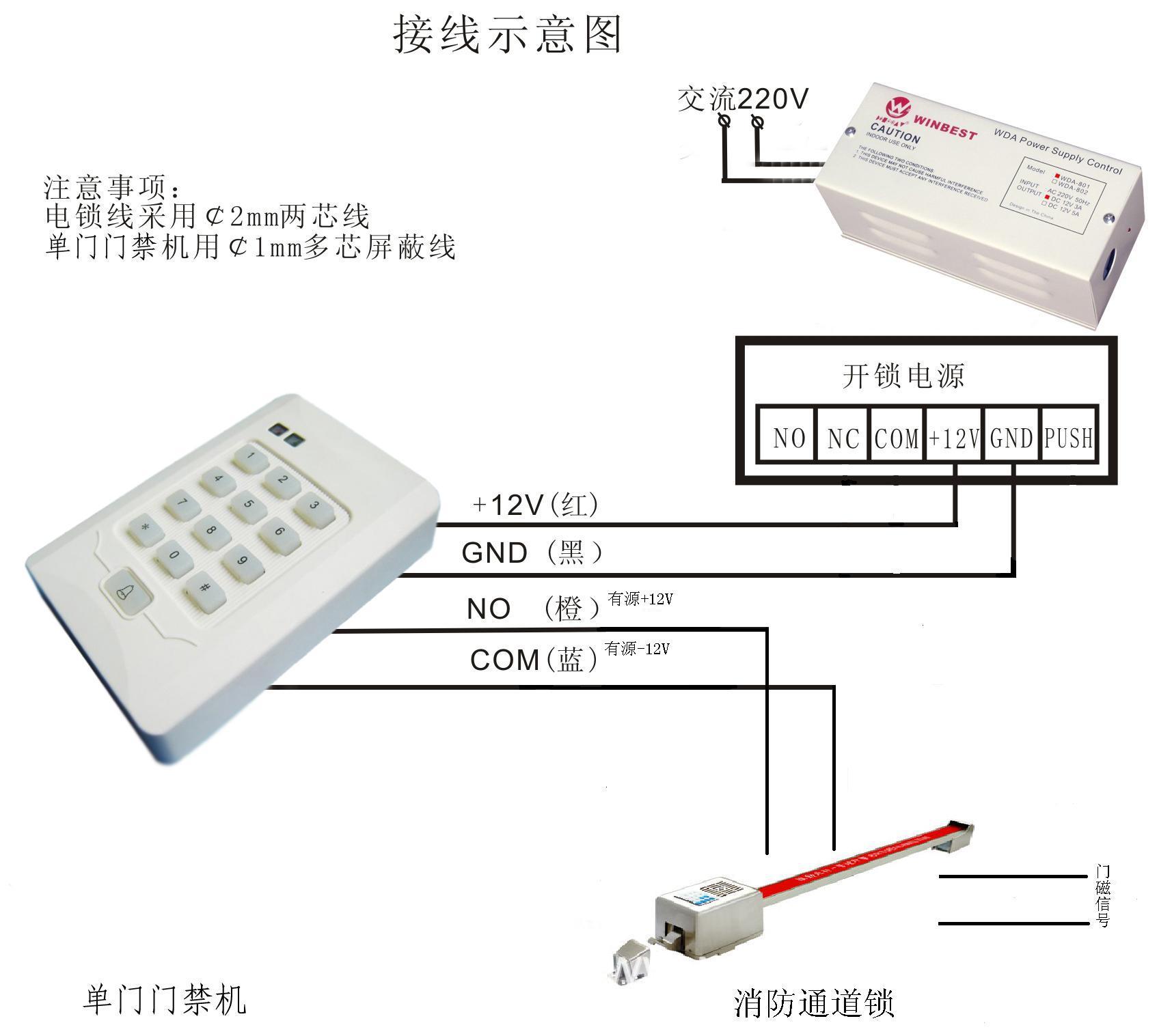 单门门禁机和消防锁一起接