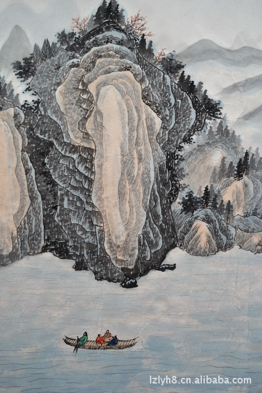 书法墨汁,国画颜料,人工精心绘制而成的工笔山水国画,具有古代