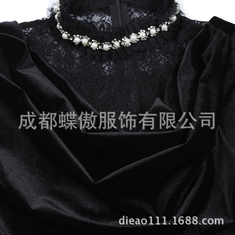 傲春季蕾丝连衣裙珍珠重工刺绣修身裙<em>金丝绒</em>长