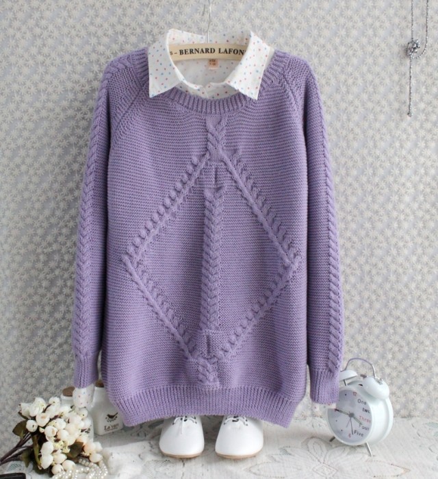 新款大码甜美学院风菱形麻花扭花宽松<em>女毛衣</em>外