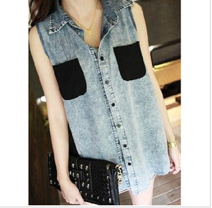 2013新款春夏装韩版雪纺口袋<em>搭配</em>薄<em>牛仔</em>衬衫