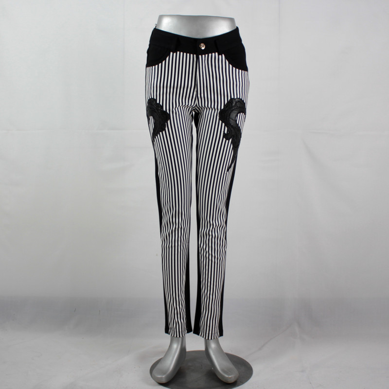 2013新款黑白细条PU皮 AB面针织女裤 图片