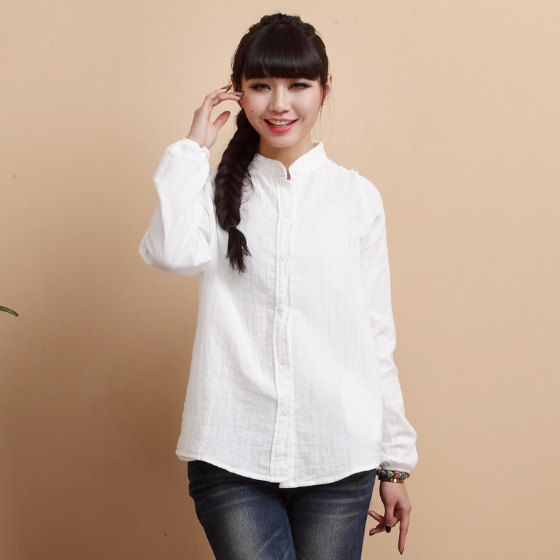 2014春款女装长袖立领<em>白衬衫</em> 早春纯棉文艺宽