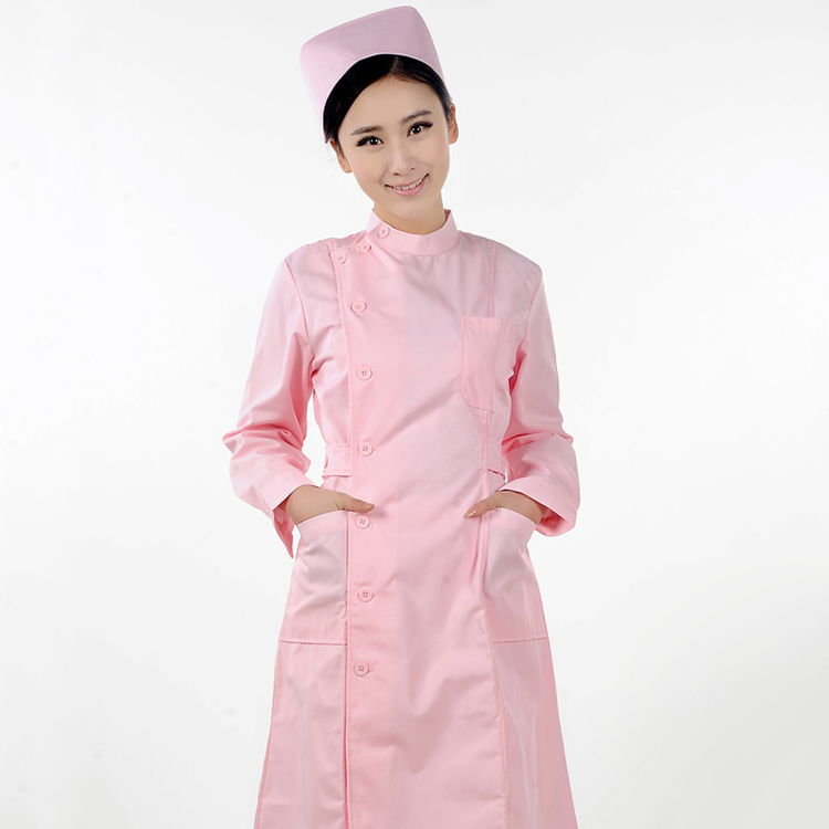 厂家订做秋冬粉色 长袖偏襟护士服 药店工作服 医用护士服