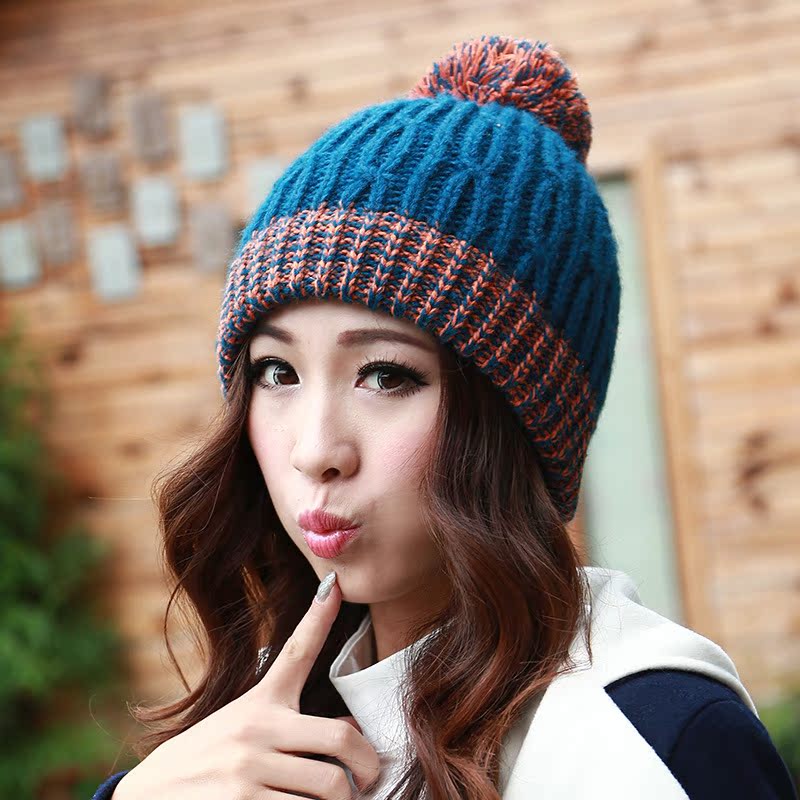 秋冬天毛线帽子 可爱女士毛球帽 韩版杂色可爱