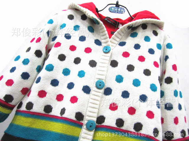 女童波点彩条<em>棉线开衫外套</em> 儿童秋冬针织衫外