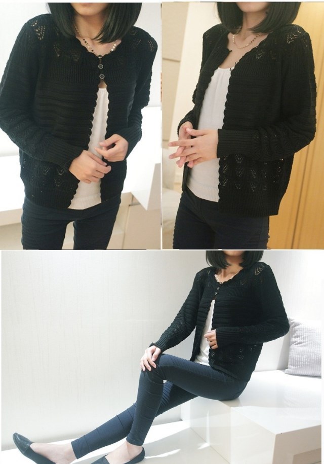 春款韩版女装 圆领<em>长袖</em>镂空<em>优雅</em>毛衣<em>外套</em> 针织