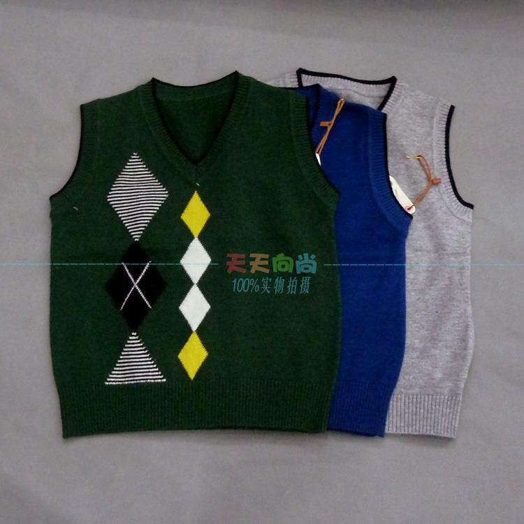新款2013儿童V领羊毛<em>背心男童</em>菱形羊绒针织保