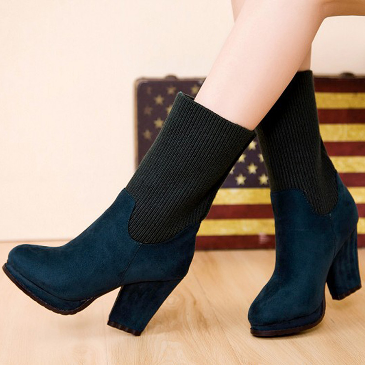 2013秋冬季<em>新款女靴子</em> 高跟粗跟毛线拼接中筒