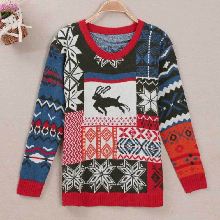 2013秋冬新款 韩版小鹿<em>图案</em>撞色宽松圆领<em>套头</em>