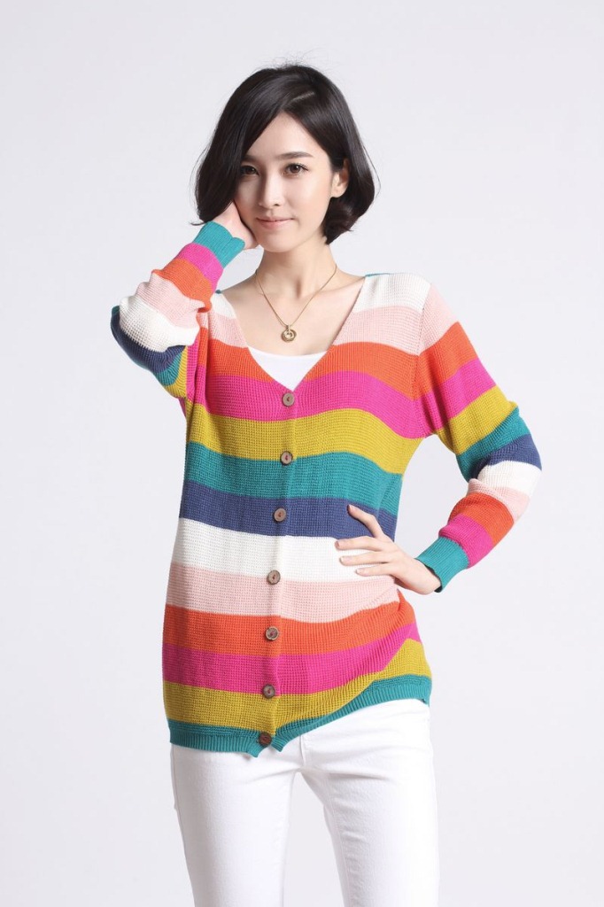 2013秋装新款韩版彩<em>条纹</em>针织衫 女士<em>V领开衫</em>