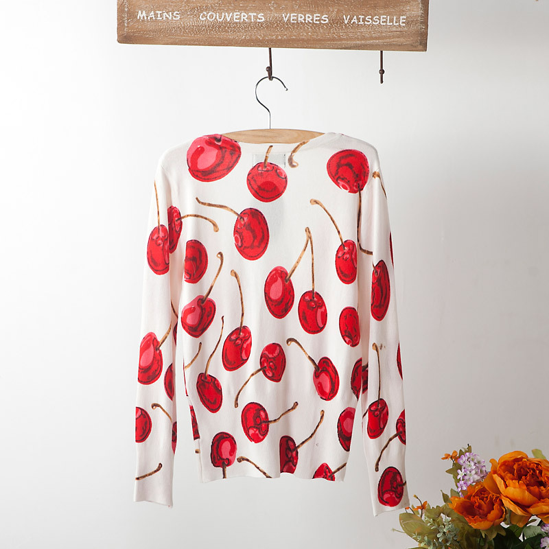 【女新款樱桃图案长袖<em>超短款针织衫开衫女</em>装空