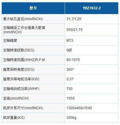 YBZ7632-2摇臂钻床（自动升降）参数