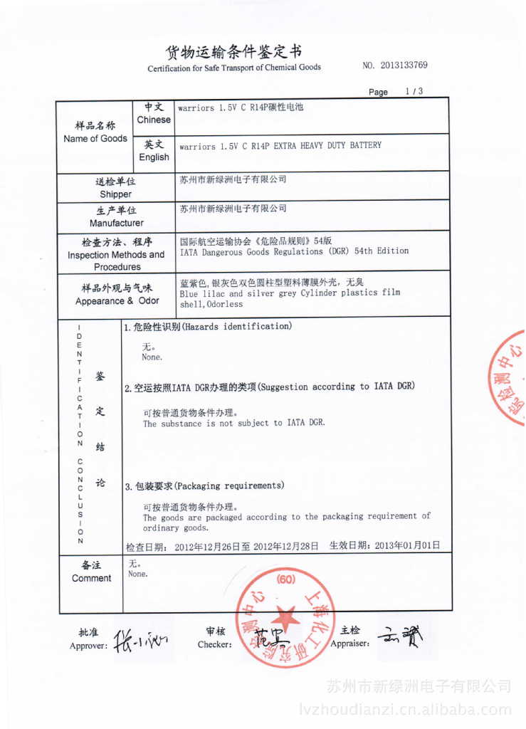 【2013年上海化工研究院货物运输条件鉴定证