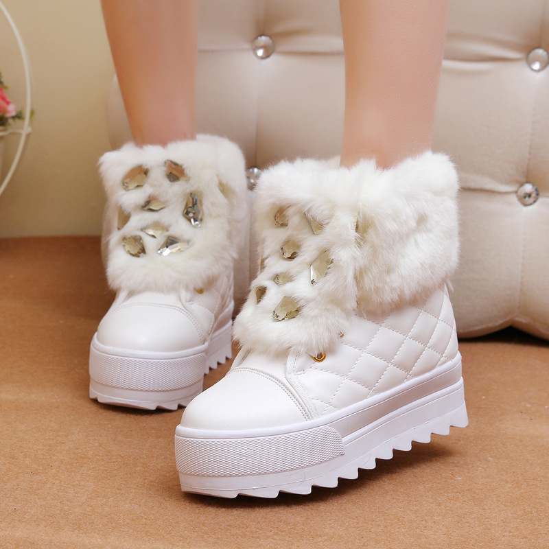 2013新款兔毛毛棉靴水钻高帮鞋厚底松糕内增