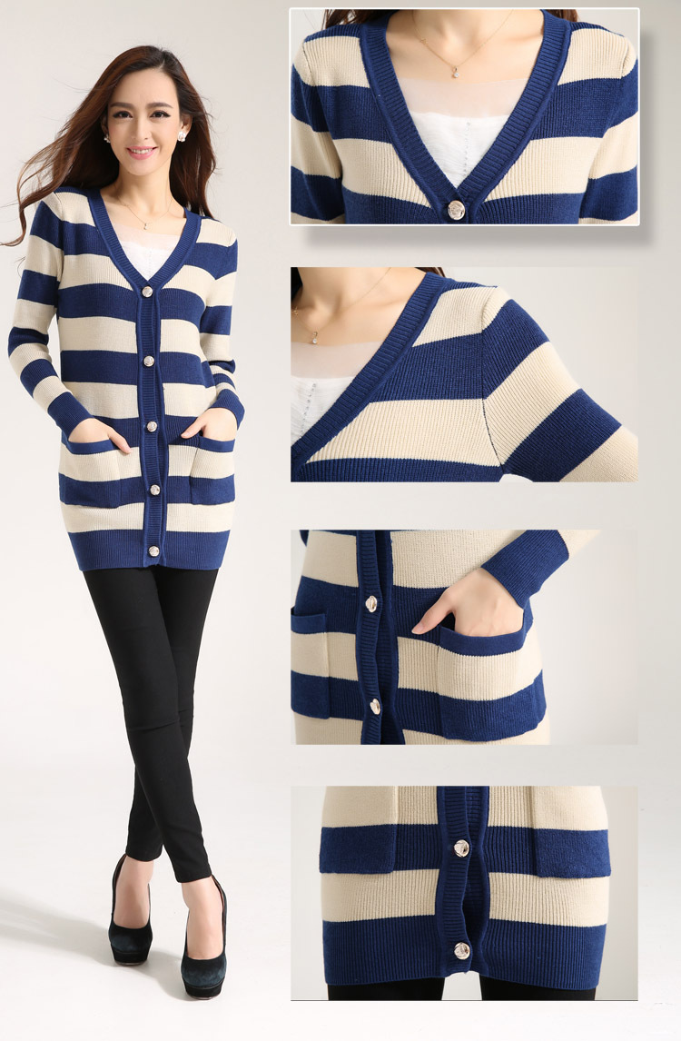 【秋季外套女韩版大码女装<em>款黑白</em>条纹针织<em>开衫</em>