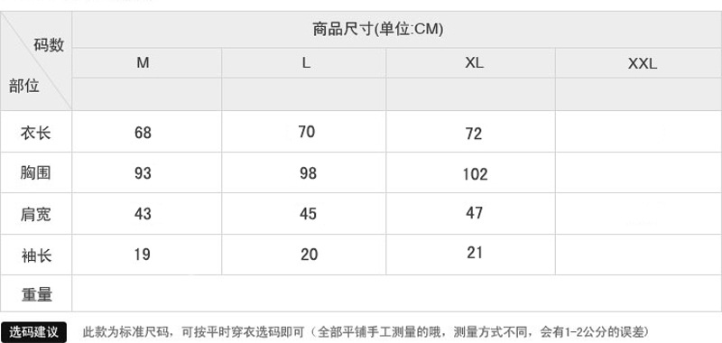 純棉正價男裝碼數表