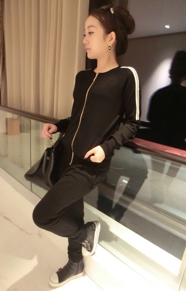 欧洲站 ING 拼白条<em>拉链针织开衫</em>上衣+针织长裤