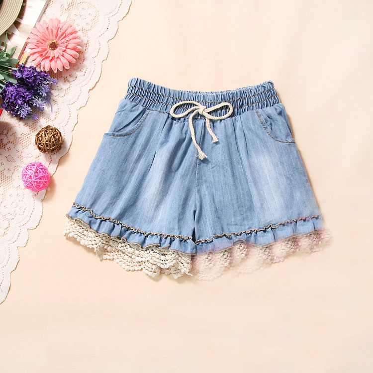 <em>牛仔短裤</em>女裤 小清新<em>牛仔短裤 松紧</em>弹力腰 钩花
